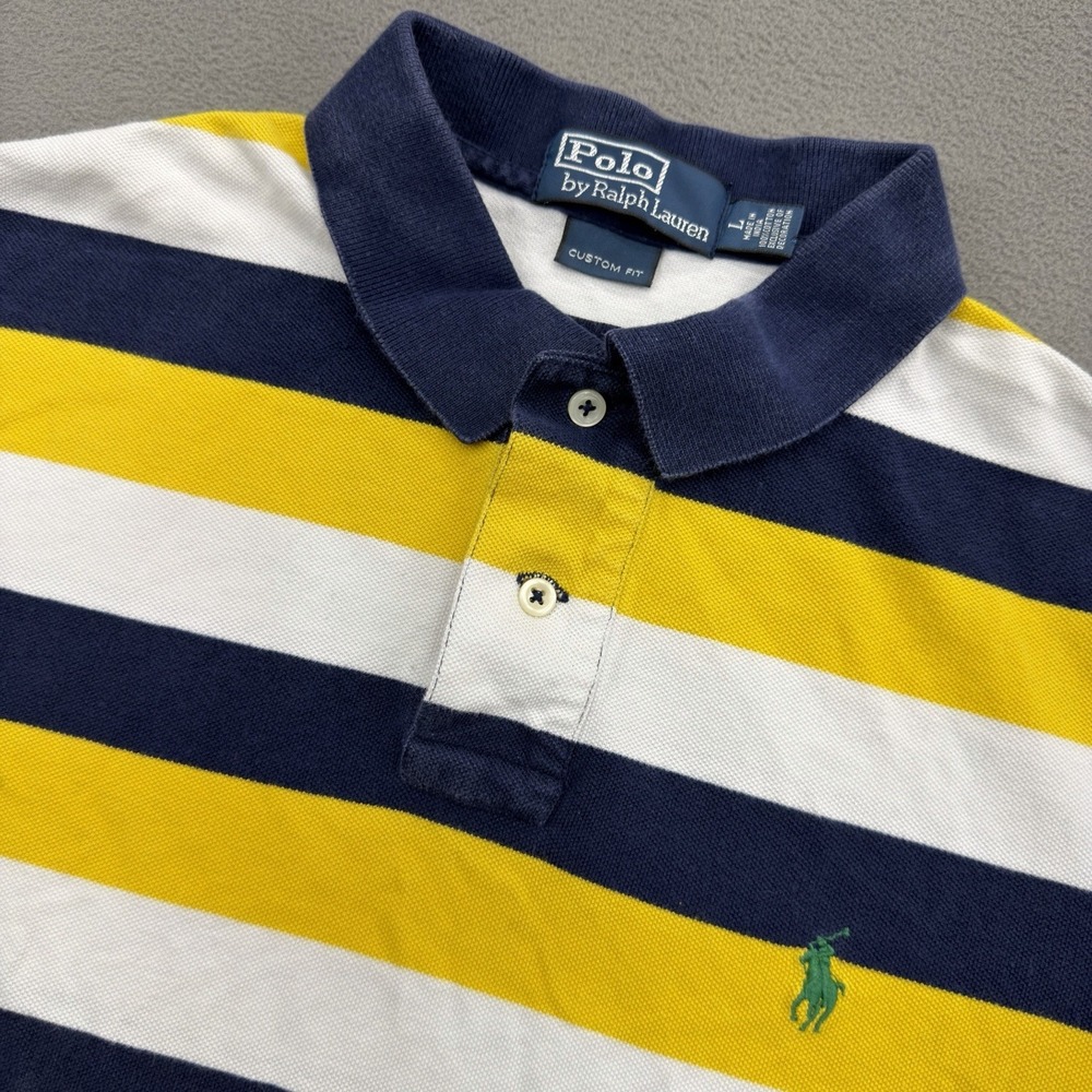 Vintage Polo Ralph Lauren Rugby Shirt Mens L Custom Fit S/S Striped Yellow Blue